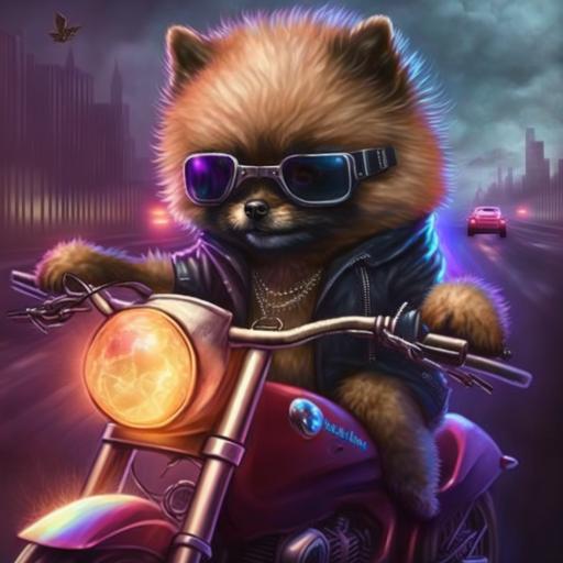 an angry pomeranian puppy driving a cyberpunk motorcycle --v 4
