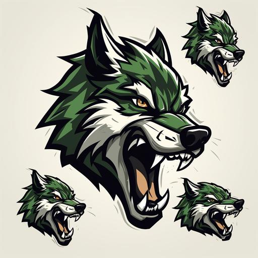 an angry timber wolf mascot, simple, different angles.