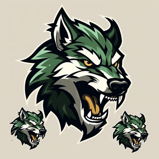 an angry timber wolf mascot, simple, different angles.