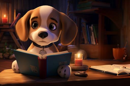an animated beagle puppy studying a book with a dog collar that says Coco on the tag make it a magical place with hi resolution images with a lot of detail make this in a 16:9 format