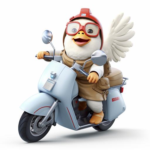 an animated chicken, dressed as an astronaut, with a delivery bag on her back, riding a scooter, completely white background, cartoon