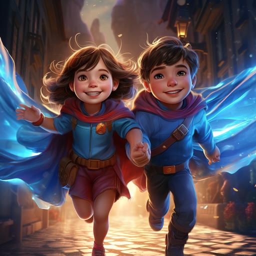 an animated little girl and boy in the costume of superheroes. flying through a magical and dreamy world