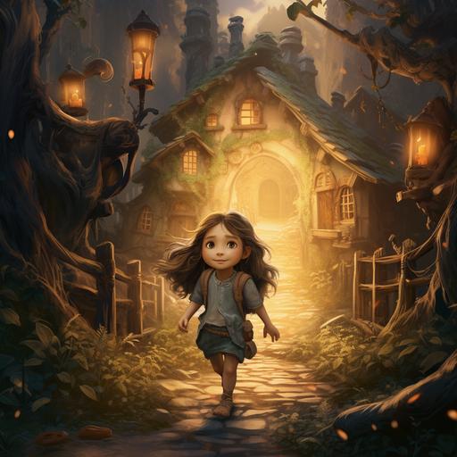 an animated little girl coming out of the forest in a dreamy magical environment. She is coming in her village waving at the troll