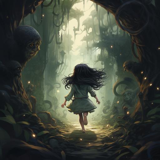 an animated little girl coming out of the forest in a dreamy magical environment. She is coming in her village waving at the troll