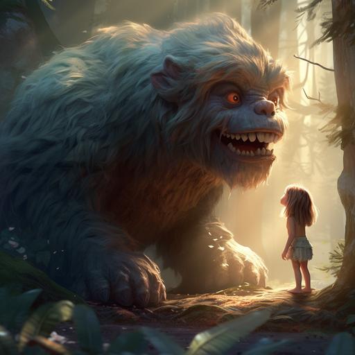 an animated little girl get caught by a huge troll in the forest. The environment is magical and dreamy. the troll is not scary and the girl is looking at the troll