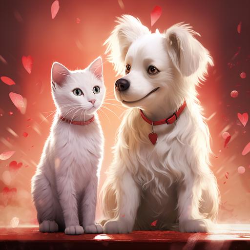 an animated movie poster, there is a white Cat and white Dog falling in love
