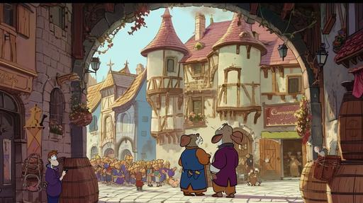 an animated still from Arthur, the beloved children's TV show by Marc Brown, with a medieval grunge twist. The scene unfolds in the whimsical world of Elwood City, now transformed into a medieval realm. Here, Mr. Ratburn, Arthur's teacher, and his fiancé Patrick, who owns a chocolate shop, are preparing for their gay wedding ceremony. The background features a unique blend of Arthur's signature style and medieval grunge aesthetics. The buildings have a weathered appearance, adorned with unconventional graffiti and rustic details. The setting exudes a nostalgic charm with a touch of edginess. Mr. Ratburn and Patrick stand at the center of attention, wearing medieval-inspired gay wedding outfits that reflect their personalities. The gay wedding ceremony takes place in front of a medieval-style rat-sized castle, with friends and family cheering them on. The scene captures the essence of love and celebration, merging the familiar charm of Arthur with the unexpected twist of a medieval grunge rat wedding. The colors are a mix of Arthur's vibrant palette and muted grunge tones, creating a visually intriguing and heartwarming moment in this unique animated still. --ar 16:9 --v 6.0