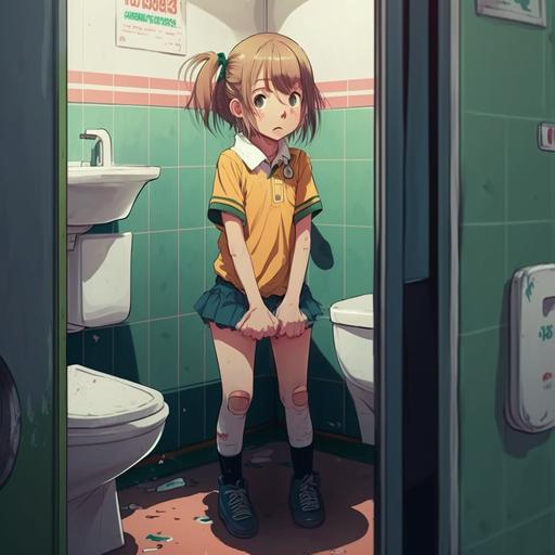 an anime girl wanted to pee so bad, crossing her legs trying to find a toilet. Then, pees herself