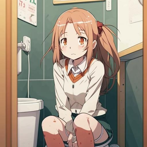 an anime girl wanted to pee so bad, crossing her legs trying to find a toilet. Then, pees herself