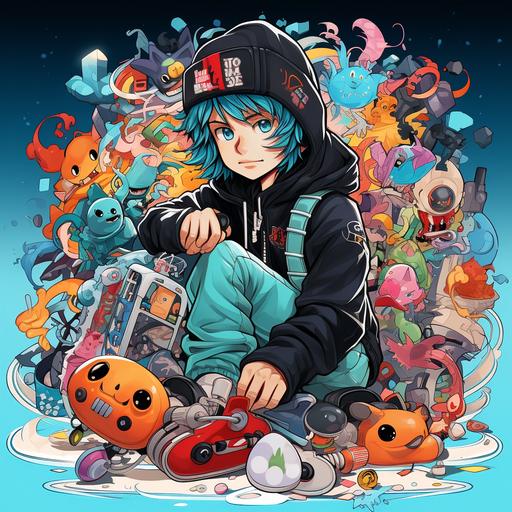 an anime illustration of a male skater looking cartoon characters wearing headphones holding a casset player, some other random objects like pizza boxes, skateboards, rolling papers, in the style of pastel goth, dimensional multilayering, takashi murakami, cyan, womancore, jessie arms botke, multilayered compositions. --s 750