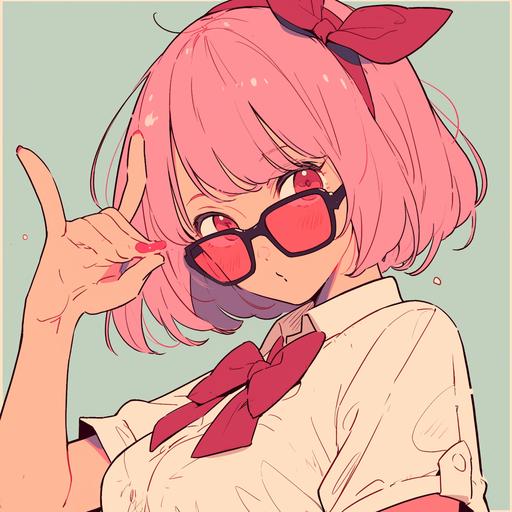 an anime reaction image of a girl with short pink hair and a red ribbon on the top right of her hair. sunglasses. she is making finger guns to the right. cartoon. meme. Clean, crisp linework with a slight tapering on the ends of lines Solid colors for shading and highlights rather than blending Exaggerated, stylized facial features and proportions A limited, somewhat muted color palette with a few brighter accent colors Slightly warped perspective and minimal background details --niji 6