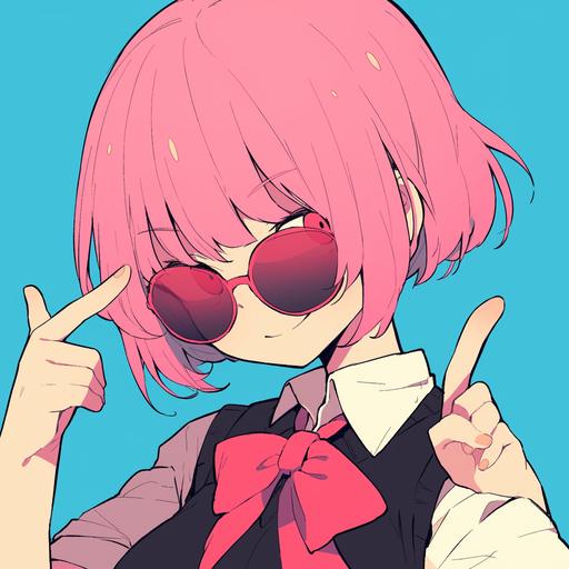 an anime reaction image of a girl with short pink hair and a red ribbon. sunglasses. she is making finger guns to the right. cartoon. meme. Clean, crisp linework with a slight tapering on the ends of lines Solid colors for shading and highlights rather than blending Exaggerated, stylized facial features and proportions A limited, somewhat muted color palette with a few brighter accent colors Slightly warped perspective and minimal background details --niji 6