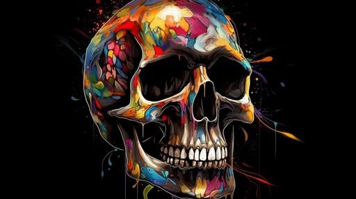 an anime skull with no cranium looking straight forward with the top lifted off having a multi colored paint poured into the top of the skull filling the mouth eyes and nose with wonderful colors black background --ar 16:9 --v 5.0 --s 250