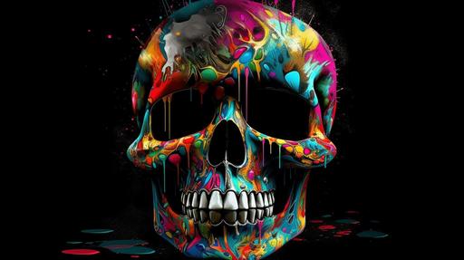 an anime skull with no cranium looking straight forward with the top lifted off having a multi colored paint poured into the top of the skull filling the mouth eyes and nose with wonderful colors black background --ar 16:9 --v 5.0 --s 250