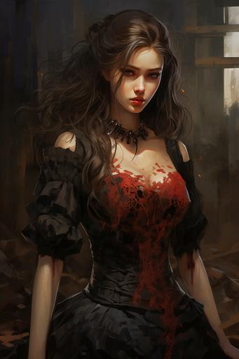 an anime woman in dress with lace dress, in the style of dark gold and dark crimson, cartoon violence, princesscore, emilia wilk, cut/ripped, chen zhen, tinycore --ar 2:3