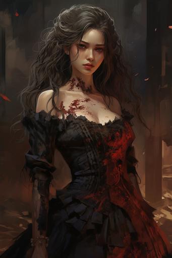 an anime woman in dress with lace dress, in the style of dark gold and dark crimson, cartoon violence, princesscore, emilia wilk, cut/ripped, chen zhen, tinycore --ar 2:3