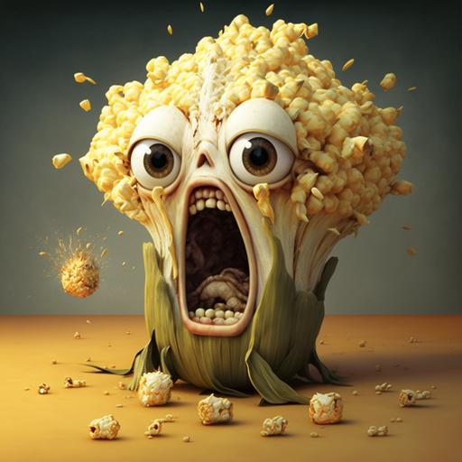 an anthro corn seeing a shocking event blowing his mind into popcorn --q 3 --s 1000