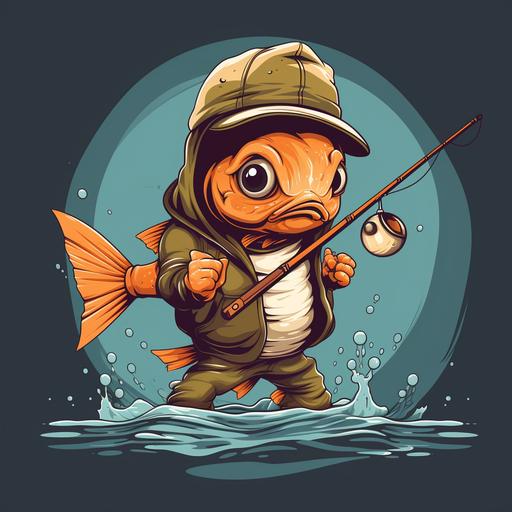 an anthromporphic fishing rod, cartoon style, logo for shirt