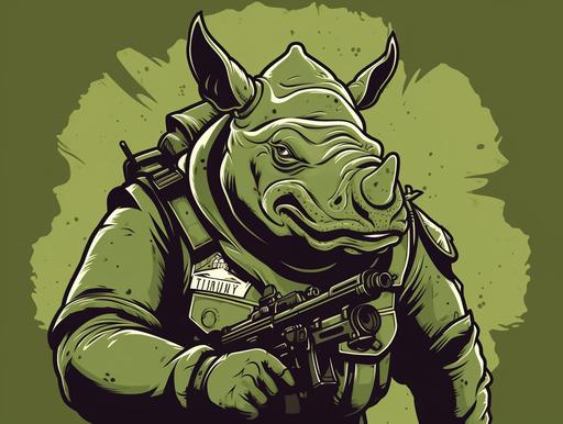 an anthropomorphic rhino with a green horn dressed as military commando portrayed on a pro-war cartoon poster --ar 4:3 --v 5.0