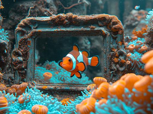 an antique mirror standing on the sea floor and covered by bright colorful blue anemones. A clownfish swimming surrounded by the anemone stings, watching its image in the mirror. --ar 128:95 --s 1000 --v 6.0