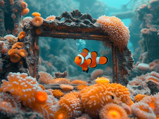 an antique mirror standing on the sea floor and covered by bright colorful translucent anemones. A clownfish swimming surrounded by the anemone stings, watching its image in the mirror. --ar 128:95 --s 1000 --v 6.0