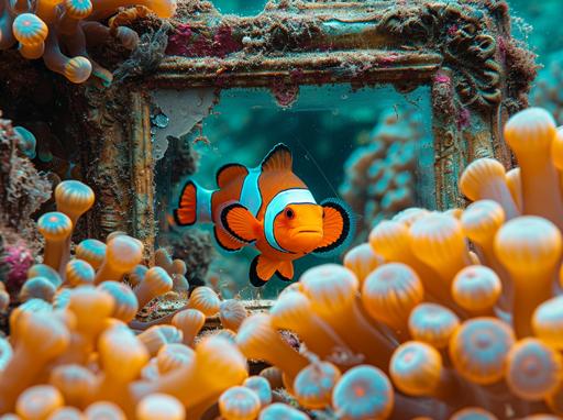 an antique mirror standing on the sea floor and covered by colorful anemones. A clownfish swimming surrounded by the anemone stings. --ar 128:95 --s 1000 --v 6.0