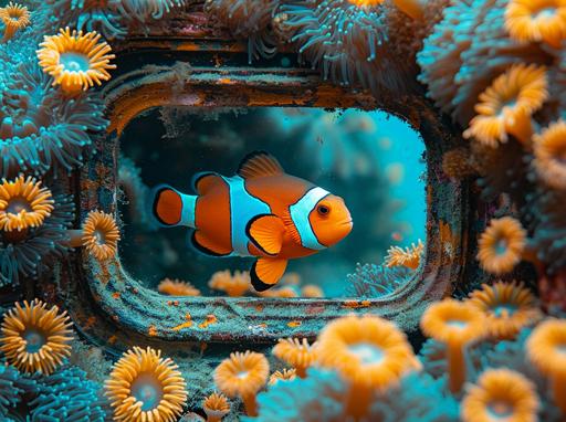 an antique mirror standing on the sea floor and covered by colorful blue anemones. A clownfish swimming surrounded by the anemone stings. --ar 128:95 --s 1000 --v 6.0