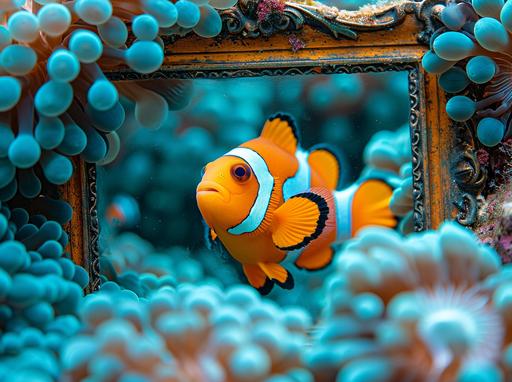 an antique mirror standing on the sea floor like a masterpiece painting with the frame covered by colorful blue anemones. A clownfish looking at his image in the mirror surrounded by the anemone stings. --ar 128:95 --s 1000 --v 6.0
