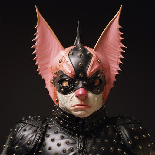 an antropomorphic portrait of a bat in a punk shoulder padded suit, dressed by Leigh Bowery