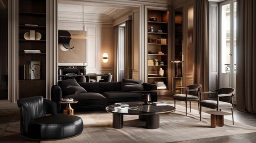 an apartment with a black sofa, chairs, table and shelves, in the style of subtle color gradations, pontormo, silhouette lighting, precise detailing, light brown and white, soft tonal range, layered composition --ar 16:9