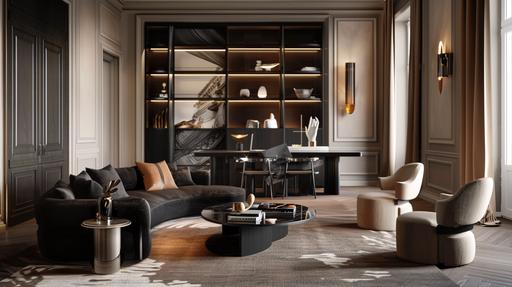 an apartment with a black sofa, chairs, table and shelves, in the style of subtle color gradations, pontormo, silhouette lighting, precise detailing, light brown and white, soft tonal range, layered composition --ar 16:9