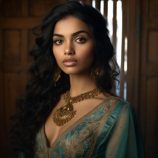 an arabian and indian brown skinned 23 year old princess having upturned light brown eyes bushy beautiful indian eyebrows and nose with oval face shape and heart shaped lips having black hair wearing a beautiful teal arabian princess outfit and wearing gold neck lace and earing standing behind an indian palace