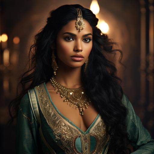 an arabian and indian brown skinned 23 year old princess having upturned light brown eyes bushy beautiful indian eyebrows and nose with oval face shape and heart shaped lips having black hair wearing a beautiful teal arabian princess outfit and wearing gold neck lace and earing standing behind an indian palace