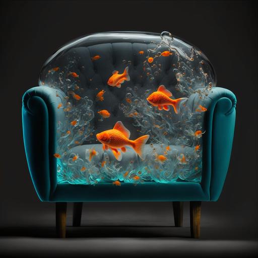 an armchair made of clear inflatable plastic. The chair is transparent and it is filled with light blue water and tiny orange goldfish. Dramatic studio lighting, black background --v 4