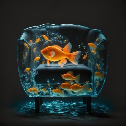 an armchair made of clear inflatable plastic. The chair is transparent and it is filled with light blue water and tiny orange goldfish. Dramatic studio lighting, black background --v 4