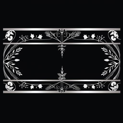 an art deco futuristic UI divider. Horizontal and short. White vector on black. Grid, geometric, futuristic a cyberpunk futuristic user interface vector divider. ivy leaves, satyrs, amphora art, floral patterns, french curves. white on black. minimal and horizontal, intricate. geometric. satyrs, goth, embellished, digital aesthetic, taper into the center bottom of the whole image. height cut in half