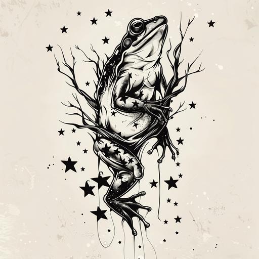 an art illustration of a frog and stars, in the style of tattoo-inspired, kara walker, twisted branches, tattoo, dynamic pose, light white and black, valentin rekunenko