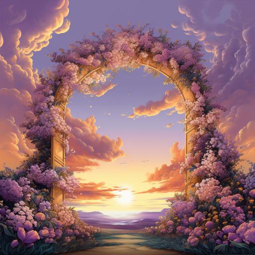 an art illustration of a golden arch with purple flowers, evening sky with big beautiful clouds