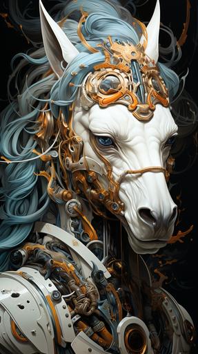 an art of SMOKE AND MIRRORS Horse in a clockwork body, in the style of techno shamanism, WHITE and amber, hyper-realistic portraits, hyper-detailed illustrations, 32k uhd, decorative paintings, fantasy art, transhuman scifi, painting in the style of aj casson, bernard buffet, clyde caldwell --ar 9:16 --c 6 --s 374 --style raw