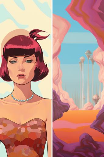 an art piece of Wilma Flintstone and a painting of an illustration of an art of an illustration of an illustration of Betty Rubble by paola beatty, in the style of martine johanna, light blue and dark red, emotive fields of beautiful Precambrian color, light pink and gold, illusory wallpaper portraits, close-up, dan matutina --ar 2:3 --v 5.2