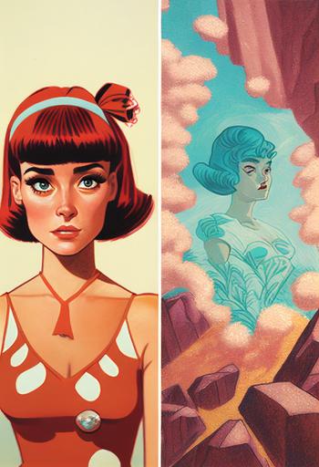 an art piece of Wilma Flintstone and a painting of an illustration of an art of an illustration of an illustration of Betty Rubble by paola beatty, in the style of martine johanna, light blue and dark red, emotive fields of beautiful Precambrian color, light pink and gold, illusory wallpaper portraits, close-up, dan matutina --ar 2:3 --s 250 --v 4