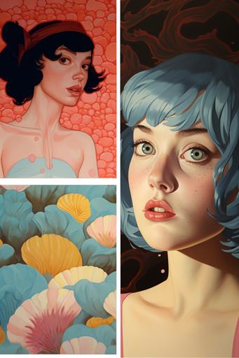 an art piece of Wilma Flintstone and a painting of an illustration of an art of an illustration of an illustration of Betty Rubble by paola beatty, in the style of martine johanna, light blue and dark red, emotive fields of beautiful Precambrian color, light pink and gold, illusory wallpaper portraits, close-up, dan matutina --ar 2:3 --v 5.2
