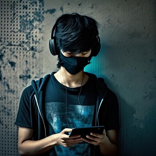 an asian 16 years old teenage with thick black middle split hair with black mask, black wireless headphone and black plain tee, playing phone