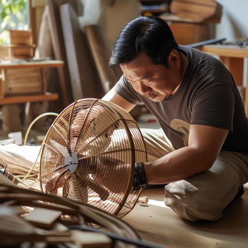 an asian fan repairman is fixing a modern fan inside a living room