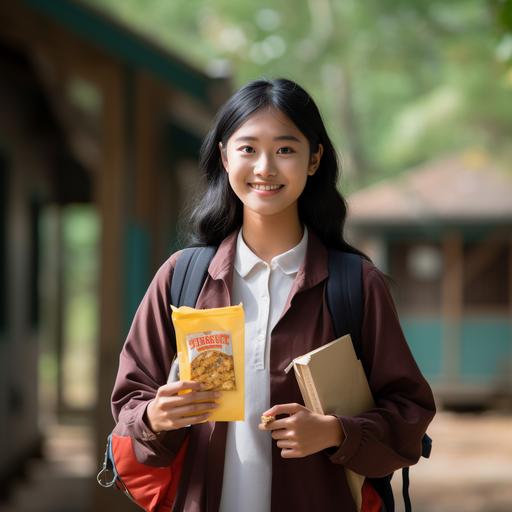 an asian teen girl standing in school yard, holding a package of cracker, wearing a backpacker