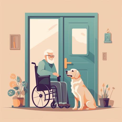 an assistant dog who opens the door to an elderly person in a wheelchair. flatdesign, colorfull