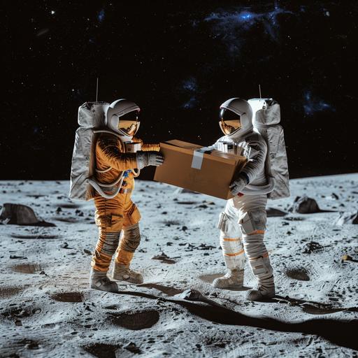 an astronaut handing another astronaut a parcel on the moon, the delivery astronaut is in orange blue suit, and the other is in white, 4k, hyper realistic, sony alpha a70s --v 6.0 --style raw