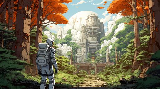 an astronaut hiking in a japanese forest full of ancestral temples, anime style, --ar 16:9