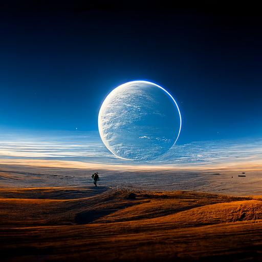 an astronaut in a new habitable planet with a blue sky with tow moons, dynamic light, realistic photo