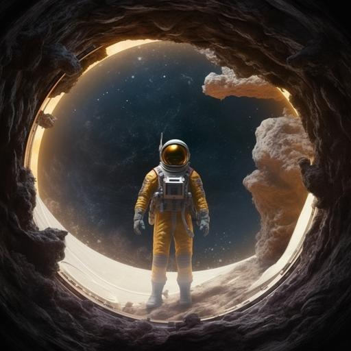 an astronaut in a planet in the space, in the center a gold metal frame, the astronaut in the left side of the frame